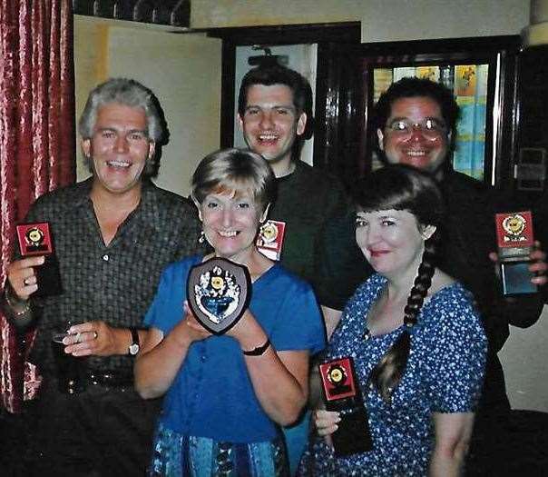 The Greyhound pub, Rochester quiz team in the 90s, with landlady Wendy Stenhouse in the centre