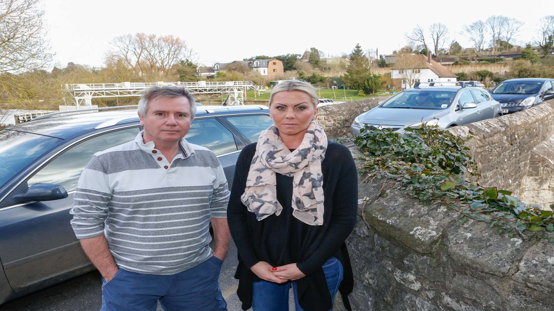 Residents Sarah Hobbs and Jeff Leahy at Farleigh Bridge in East Farleigh, calling for action to solve the traffic problems. Picture by Matthew Walker.