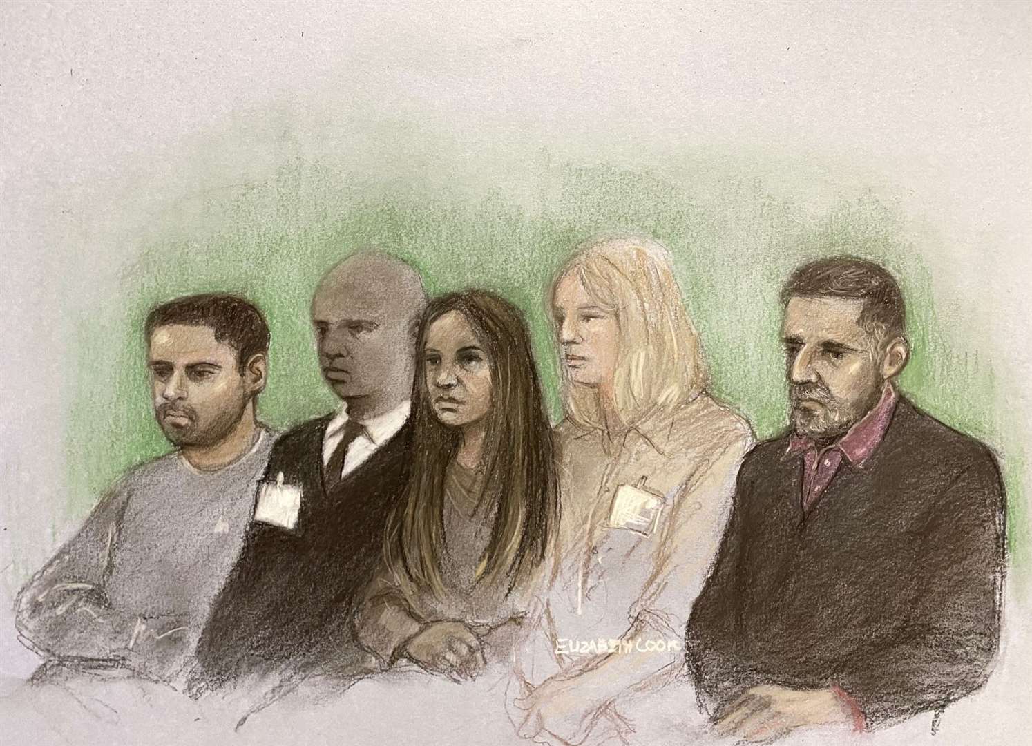 Court artist drawing of Sarah Sharif’s father Urfan Sharif (right) her uncle Faisal Malik (left), and stepmother Beinash Batool (centre) (Elizabeth Cook/PA)