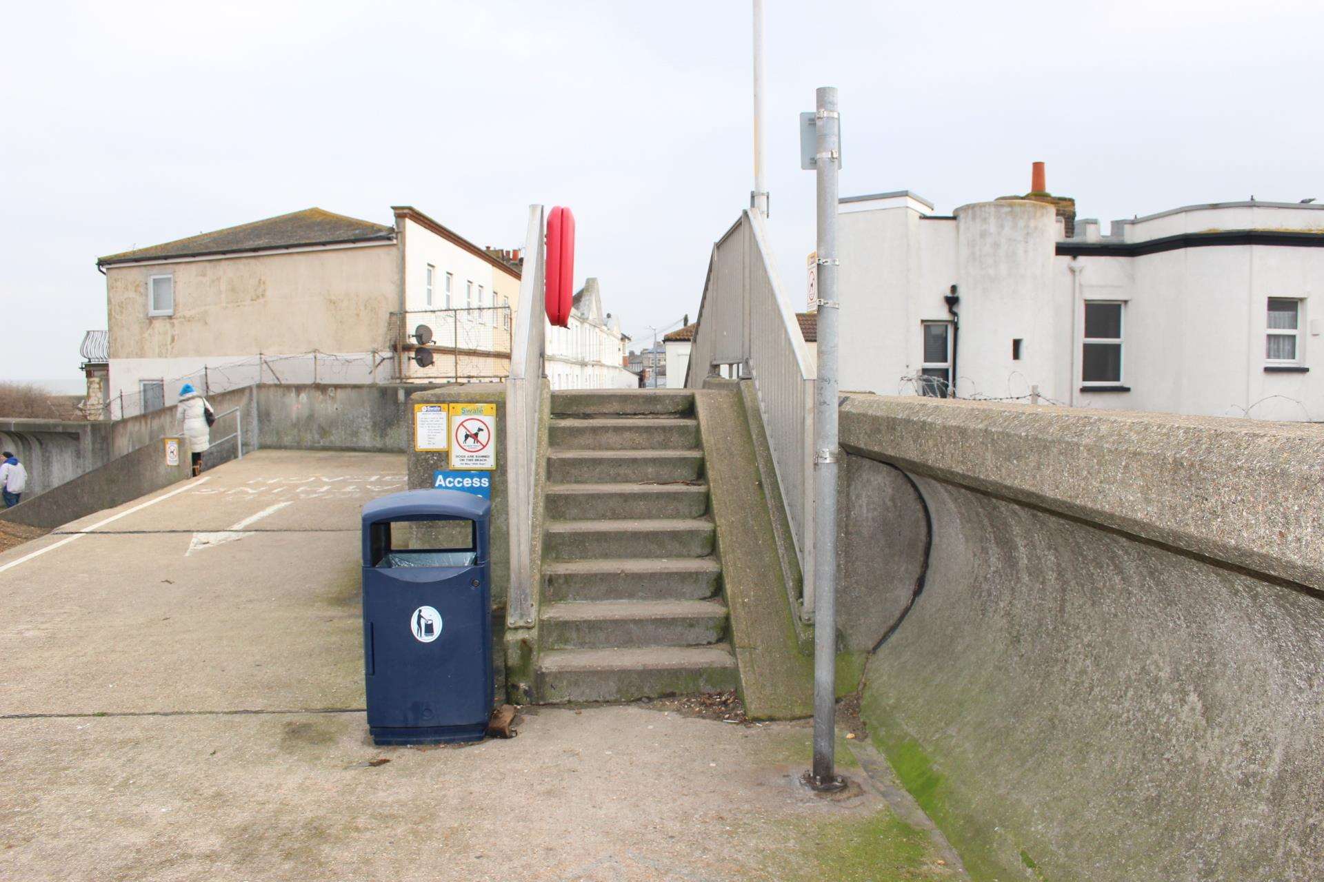 Steps make it difficult for cyclists, wheelchair users and parents with buggies to use the promenade at Neptune Jetty, Sheerness (7041841)