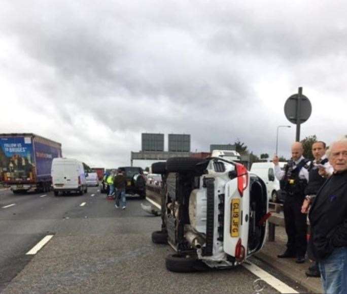 Mum Alex Carter and her 16-month-old son escaped from this Ford Fiesta after it was flipped following a collision with a lorry on the Dartford Crossing (42638130)