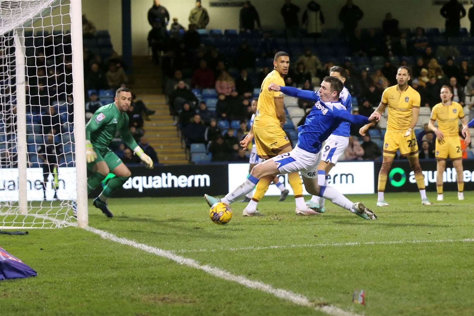 Oli Hawkins goes close for Gillingham at the back post Picture: Beau Goodwin