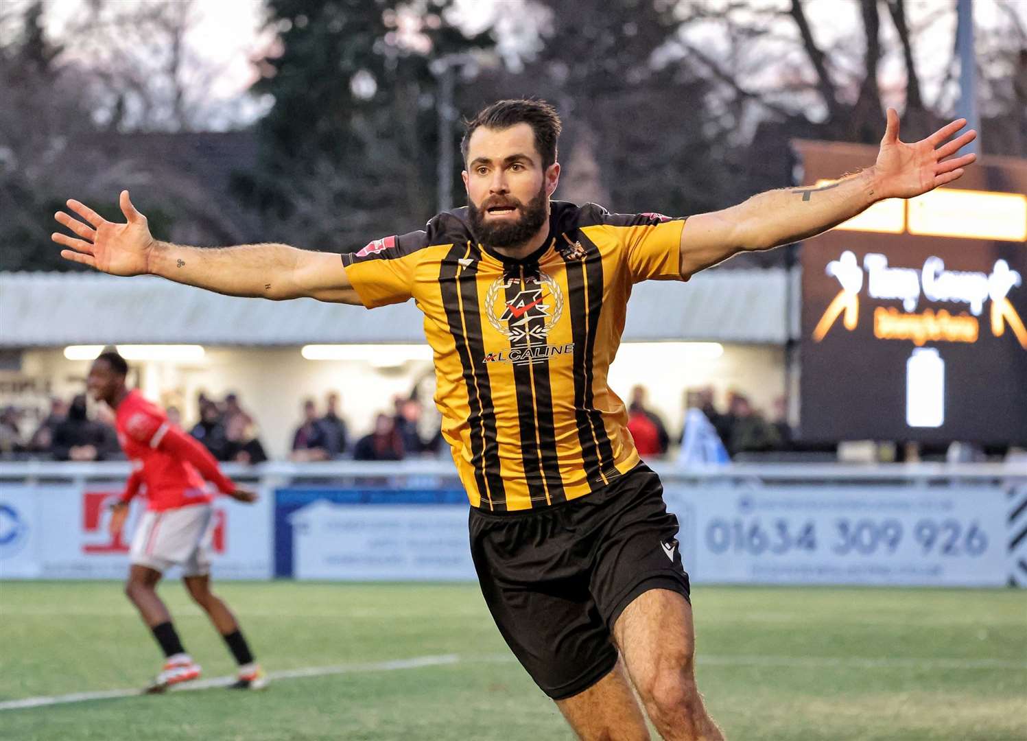 Delight for Joe Turner after scoring Folkestone's first-half equaliser. Picture: Helen Cooper