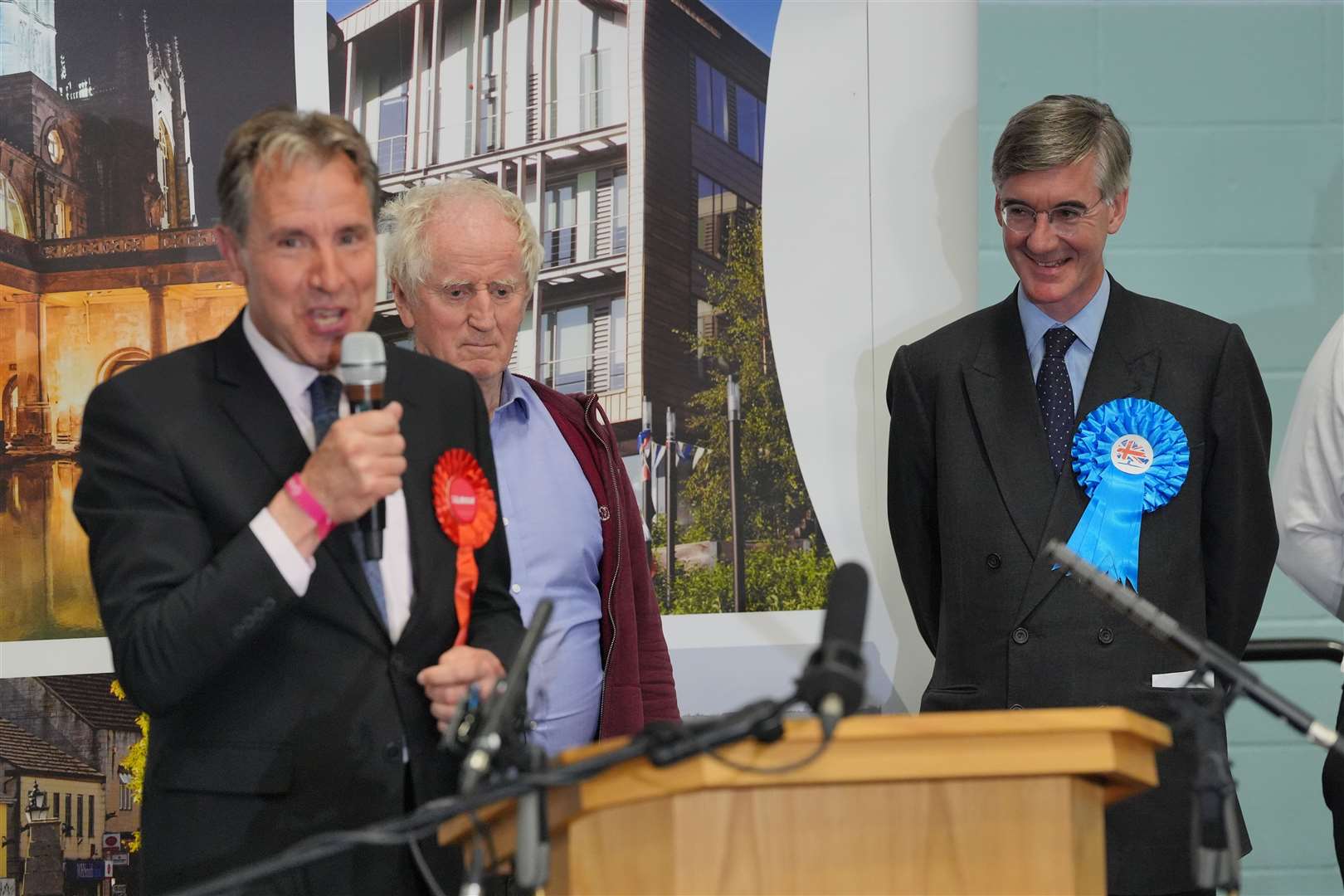 Sir Jacob Rees-Mogg listens to Dan Norris, the new MP for North East Somerset and Hanham (Jonathan Brady/PA)