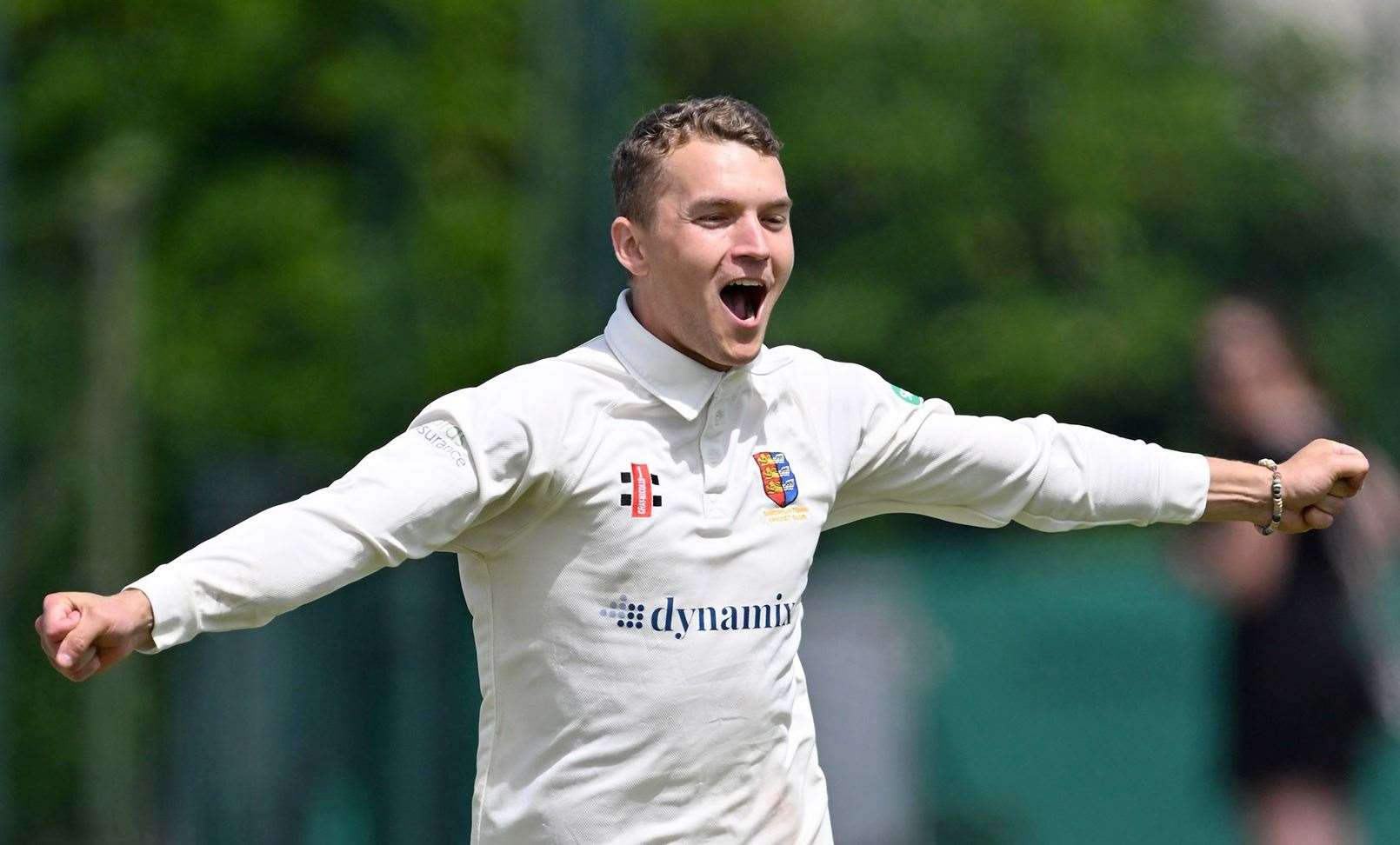 Alex Smith celebrates the early wicket of Blackheath opener Brendon Louw in Sandwich Town’s Kent League Premier Division weekend win. Picture: Keith Gillard