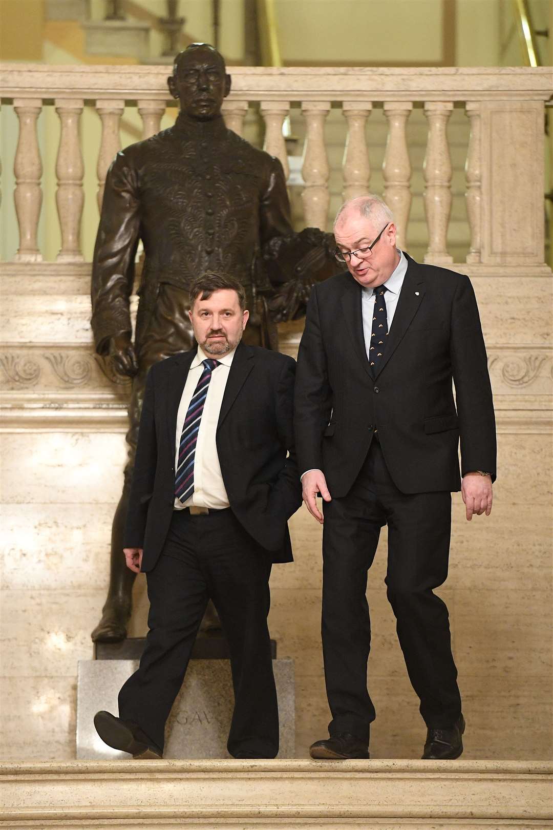 Steve Aiken (right) selected former leader Robin Swann (left) to take on the UUP’s sole ministerial portfolio when Stormont was restored in 2020 (PA)