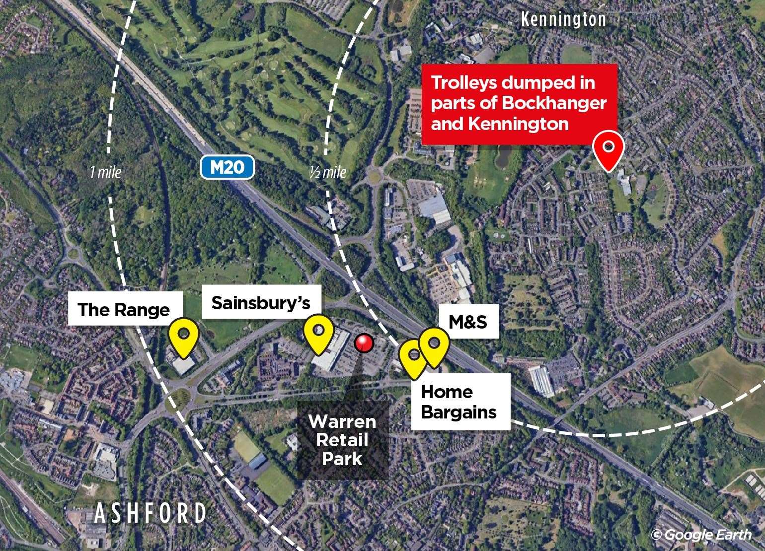 Trolleys from Sainsbury's, Home Bargains, M&S and The Range have been left in Bockhanger and Kennington