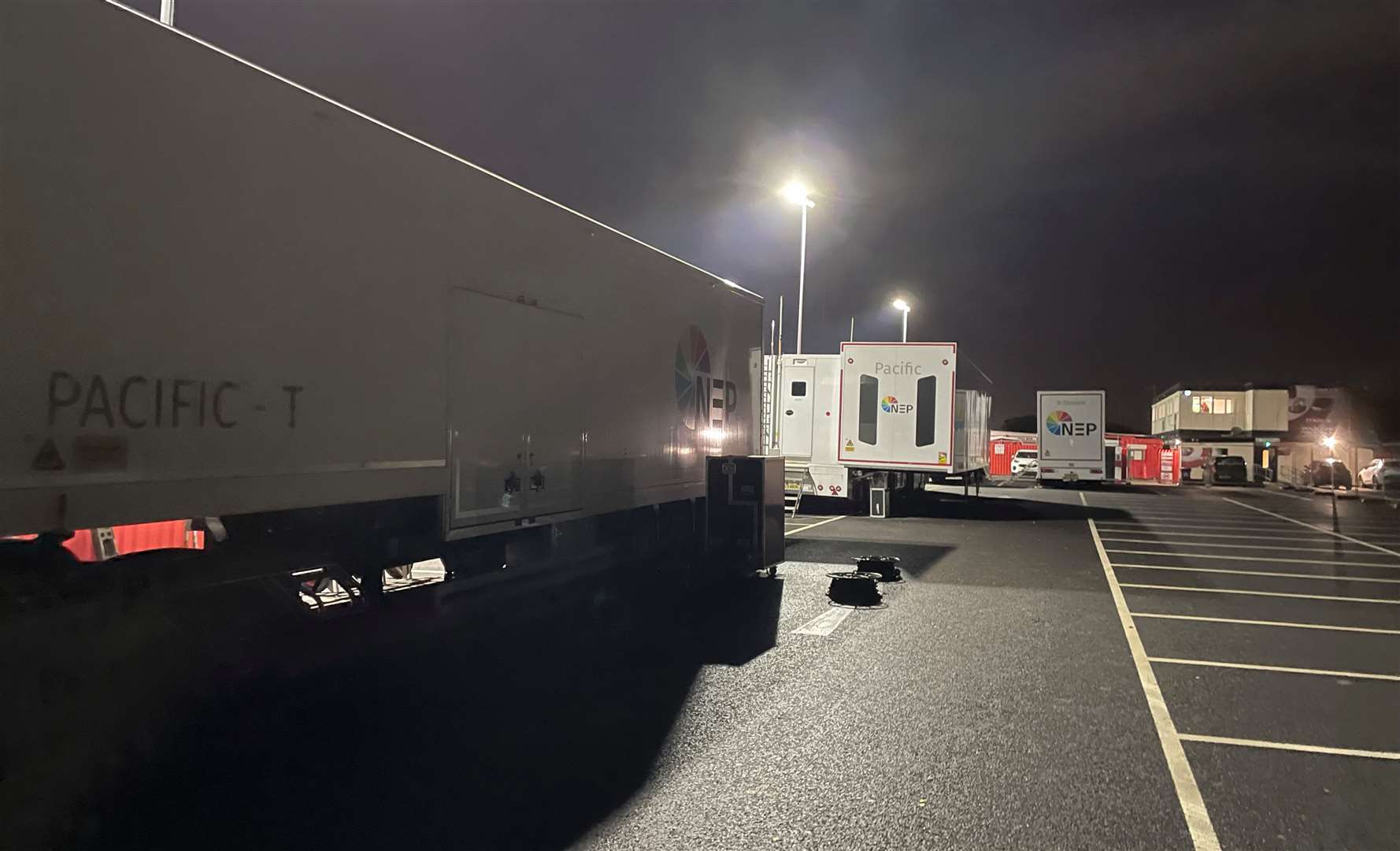 TV trucks take over the car park at Sheppey United ahead of the club's match live on ITV4