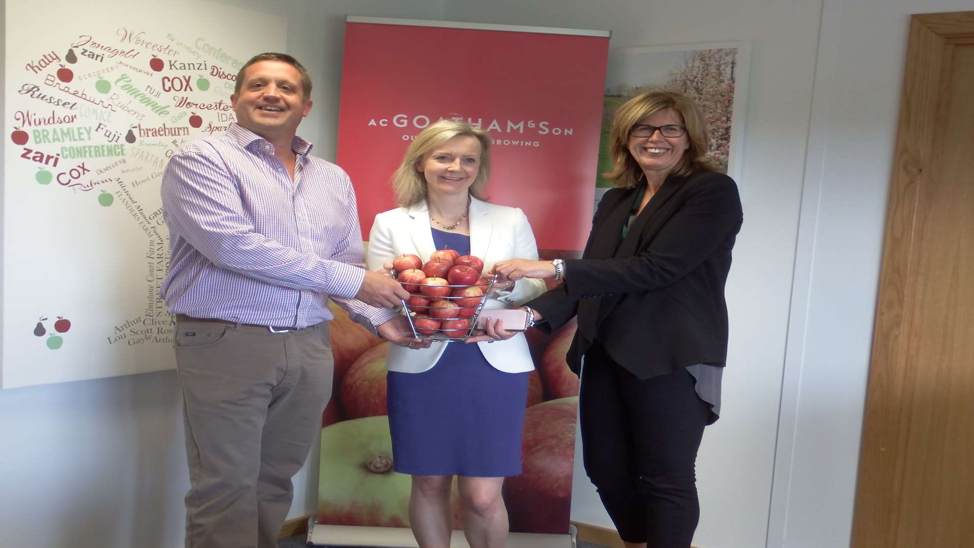 Ross Goatham, Secretary of State for Environment, Food and Rural Affairs, Elizabeth Truss and Carol Ford, commercial director at AC Goatham & Son