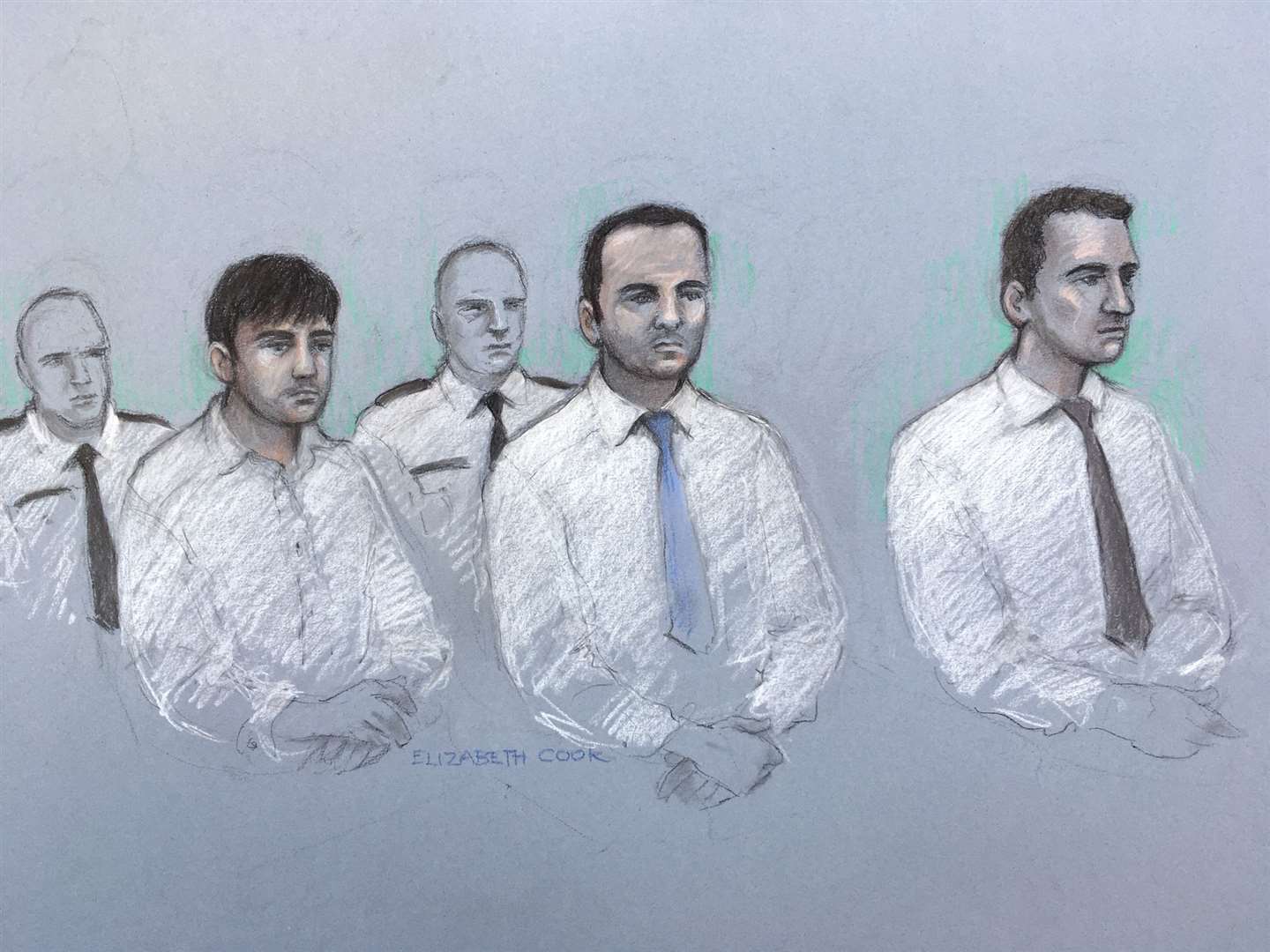 Court artist sketch of Henry Long, left, Albert Bowers and Jessie Cole at the Old Bailey (Elizabeth Cook/PA)