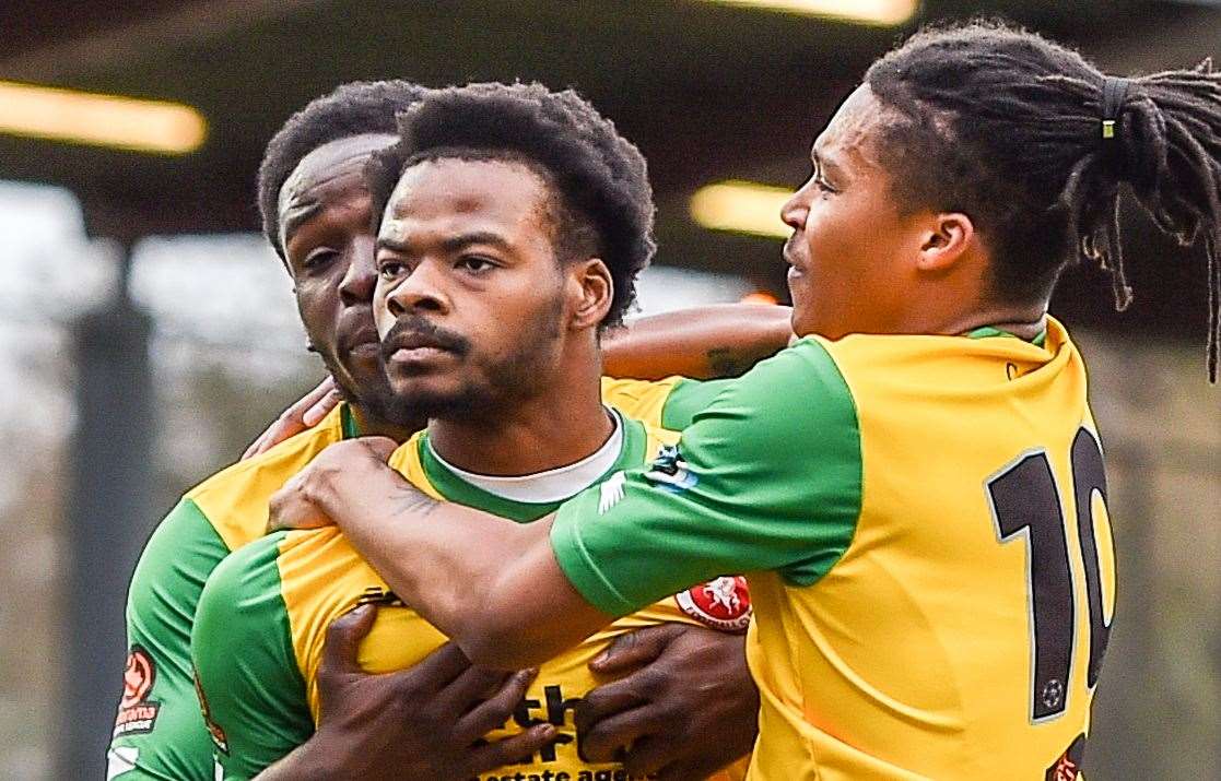 Dipo Akinyemi after scoring for Welling against Dartford. Picture: Dave Budden