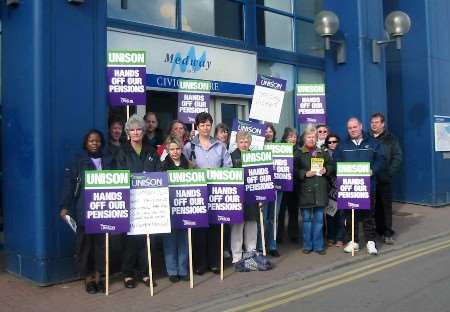 Unison members picket outside the Civic Centre, home of Medway Council, in Strood. Picture: PETER COOK