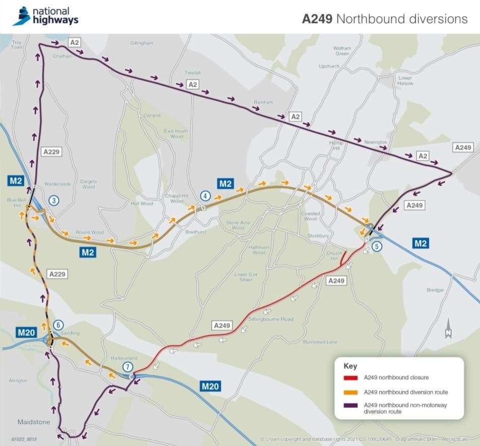 This weekend's diversion when the A249 is closed between the Maidstone turn-off of the M20 and Stockbury Roundabout near Sittingbourne for flyover works. National Highways