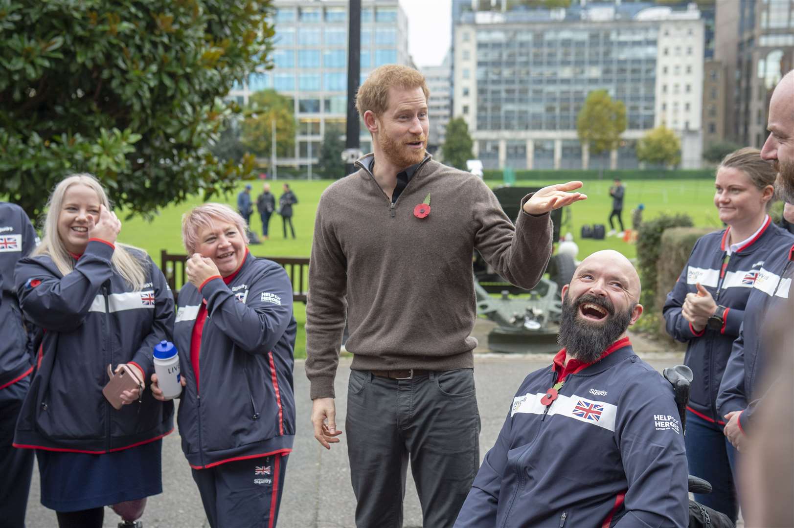 Harry with Invictus Games squad members (Paul Grover/Daily Telegraph/PA)