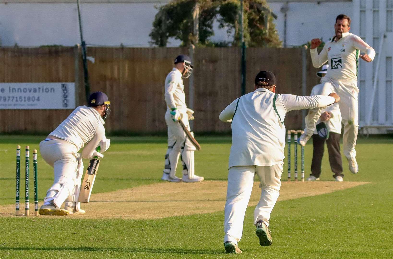 Calum MacLeod bowls Harry Bee for three to complete Lordswood’s win at home to Sandwich on Saturday. Picture: Allen Hollands