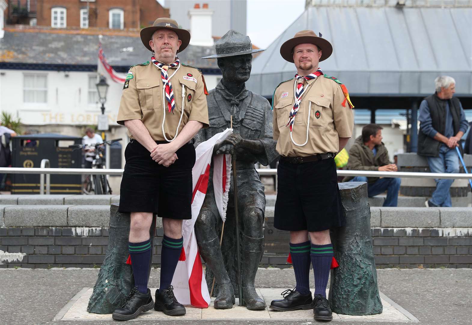 Rover Scouts Chris Arthur (left) and Matthew Trott travelled from Cwmbran, Wales, to express support for the statue of Robert Baden-Powell on Poole Quay in Dorset (Andrew Matthews/PA)