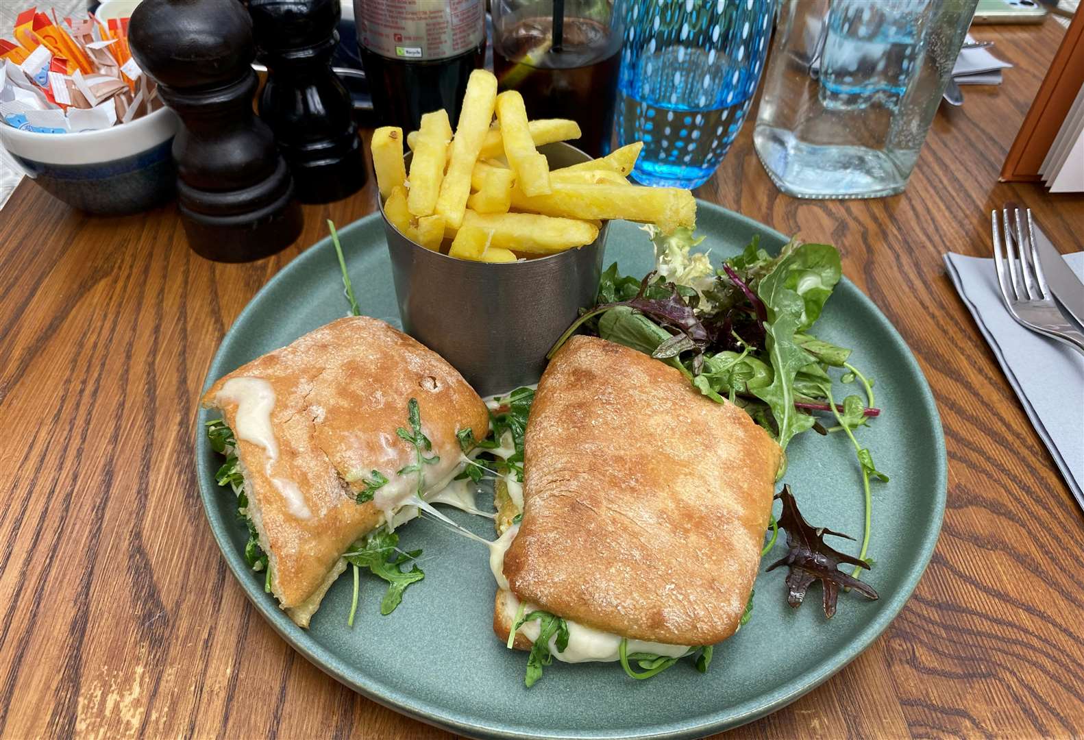 Mozzarella and rocket ciabatta (£15) had a tomato and basil mayonnaise, along with fries and a light salad