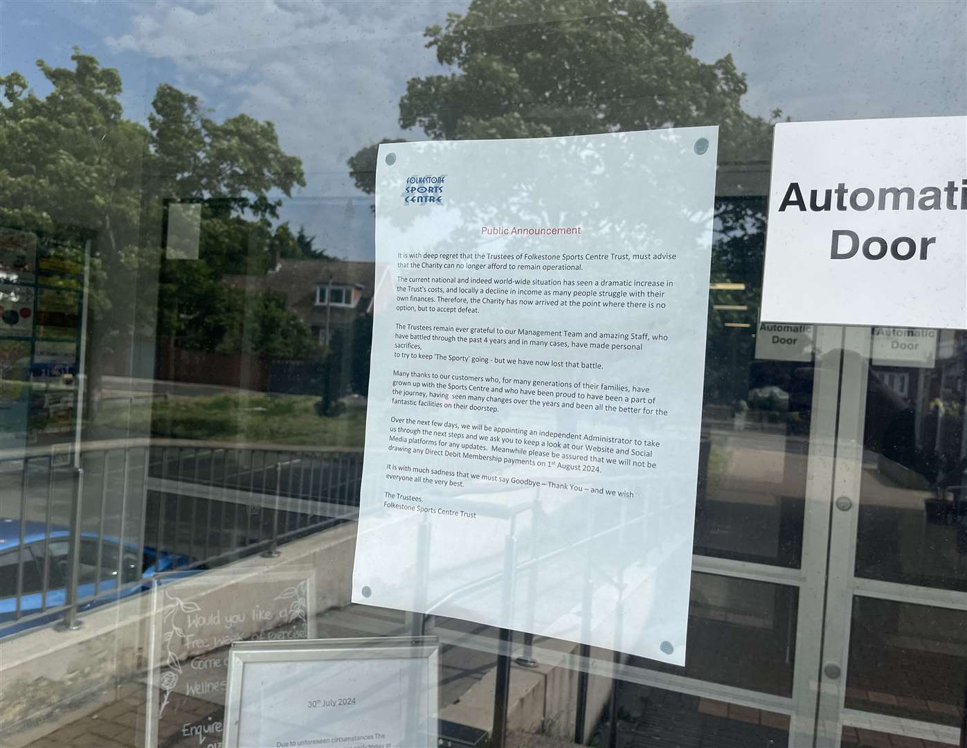 This notice was put up at the entrance to Folkestone Sports Centre on July 30