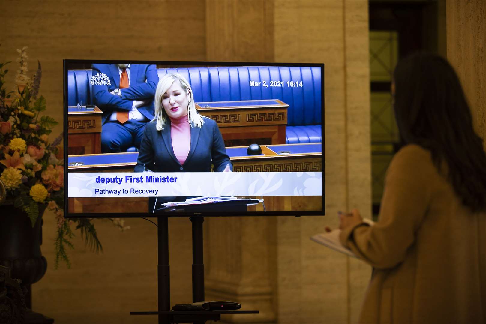 Michelle O’Neill speaks during an Assembly meeting to announce a pathway to recovery (Liam McBurney/PA)