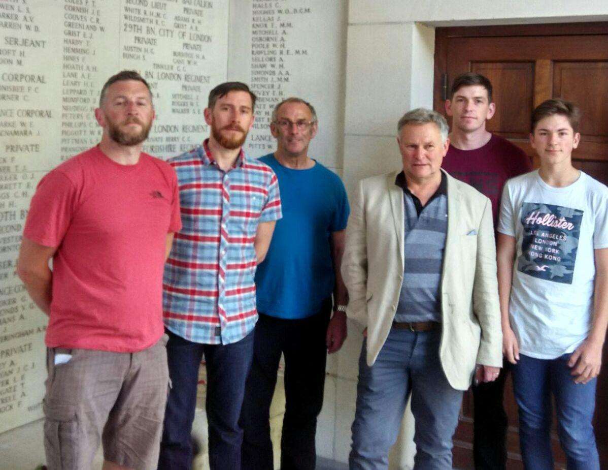 Author Robert Fanshaw (third from right) and his family visiting the Menin Gate Memorial where L.D. Fanshawe is named on one of the marble panels