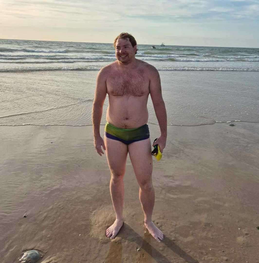 Larkfield swimming coach James Bell in France after completing his Channel swim.