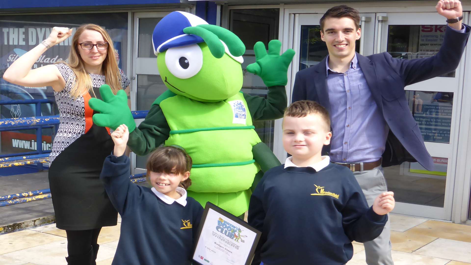 Buster’s Book Club Summer Challenge Day champions Jacob Laidlaw, 9, and Rihanna Wellard, 9 of Meadowfield School with Mat Mulvey of Countrystyle Recycling and Claire Moorhouse of Silver Blades Ice Rink.