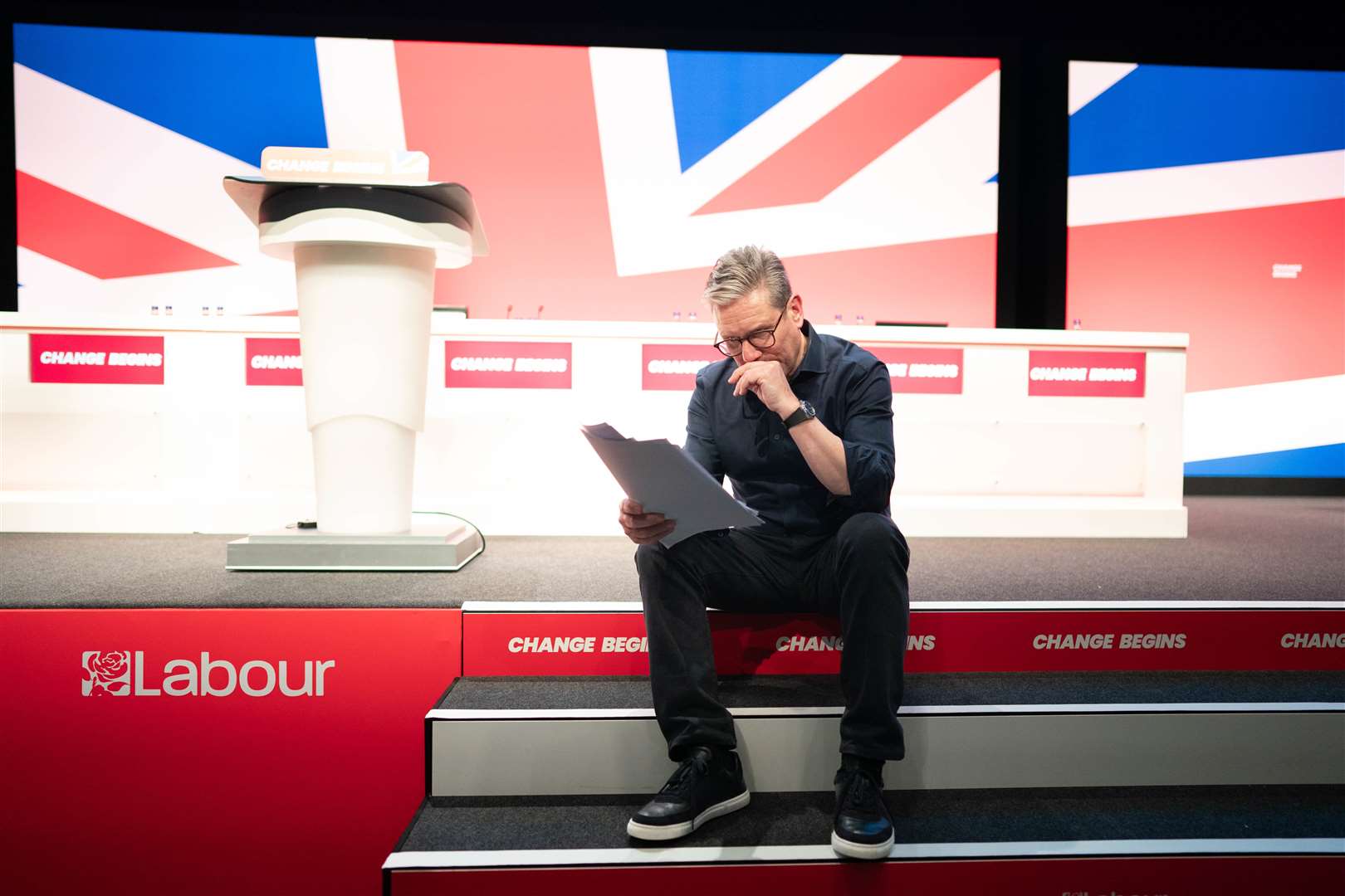 Prime Minister Sir Keir Starmer rehearses his keynote speech (Stefan Rousseau/PA)