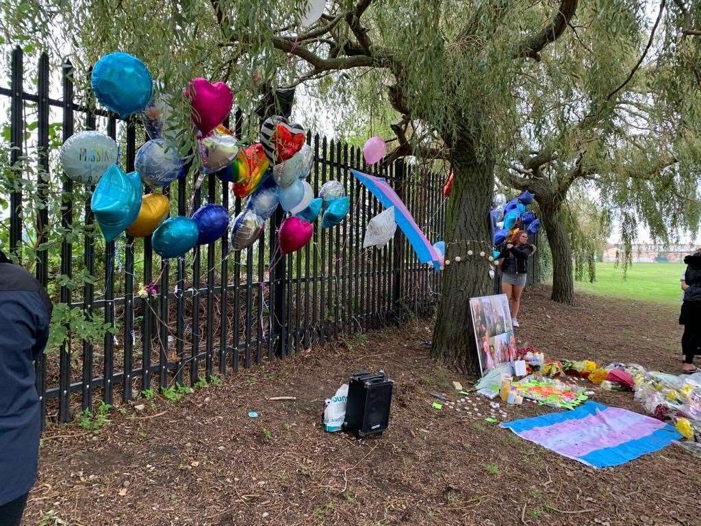 Balloons tied to a fence for Ellis Murphy-Richards at New Road playing fields