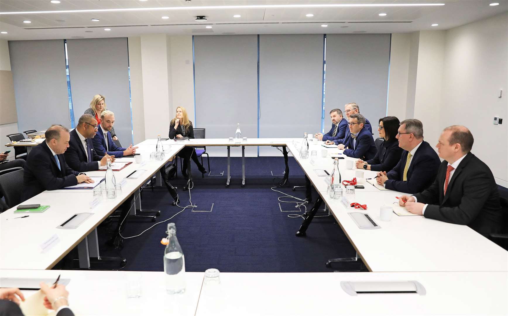 Foreign Secretary James Cleverly (2nd left) with Northern Ireland Secretary Chris Heaton-Harris (left) meeting with political members of the Democratic Unionist Party, Ulster Unionist Party and Alliance at government buildings in Belfast city centre. (Peter Morrison/PA)