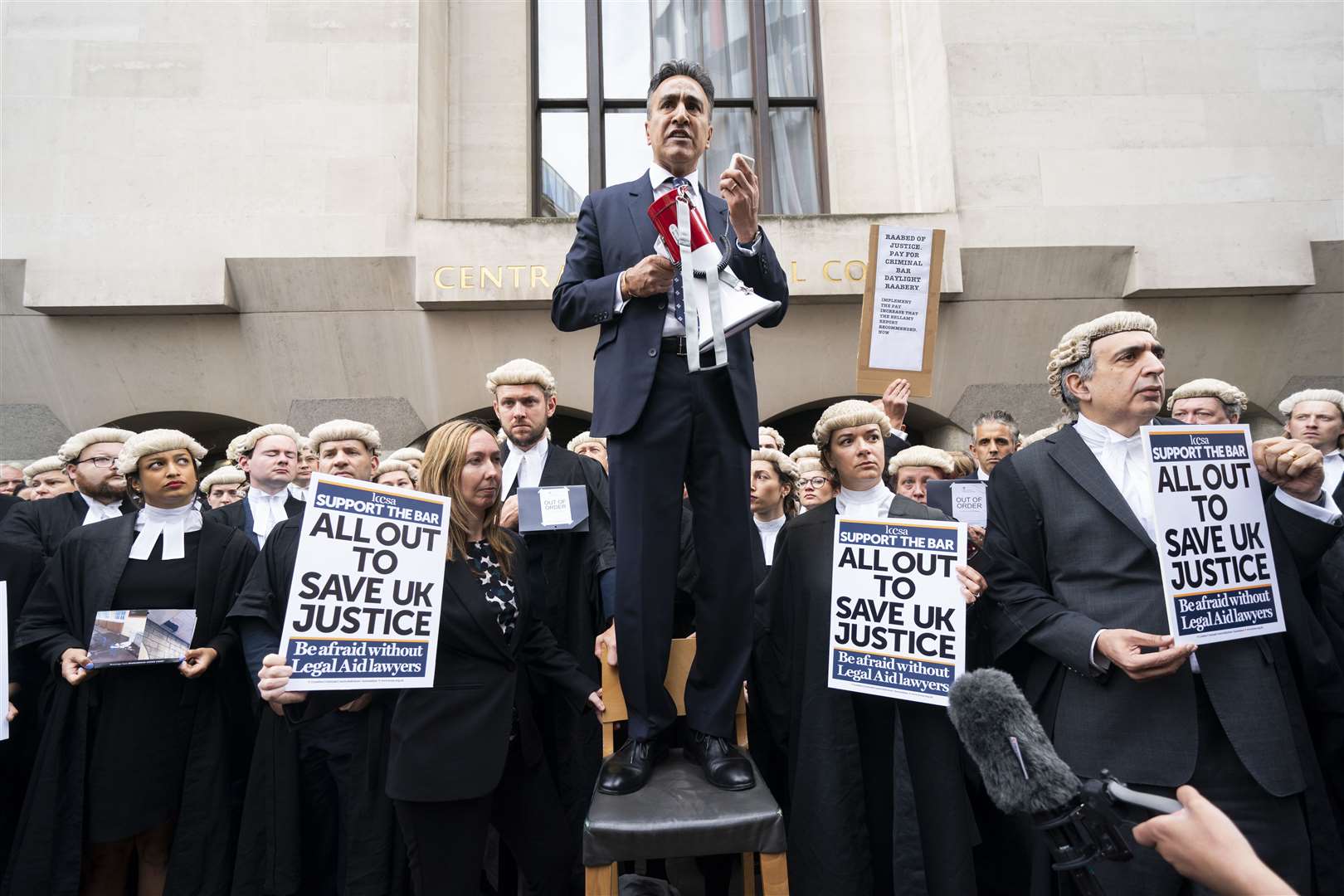 Criminal Bar Association chair Jo Sidhu speaks outside the Old Bailey as criminal barristers take part in the first of several days of court walkouts (Kirsty O’Connor/PA)