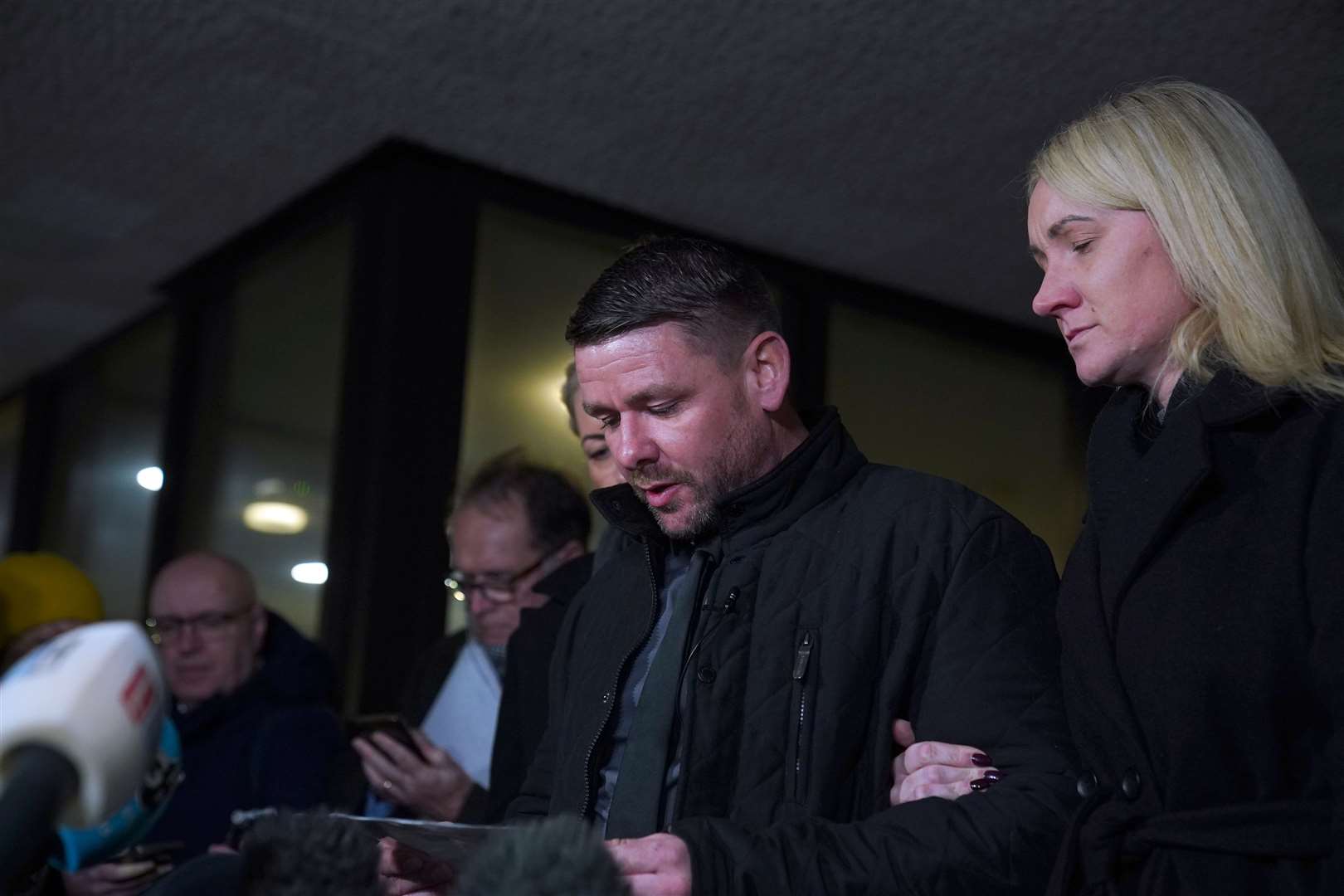 Peter Spooner, Brianna Ghey’s father, making a statement outside Manchester Crown Court, after the teenage defendants were found guilty of her murder (Peter Byrne/PA)