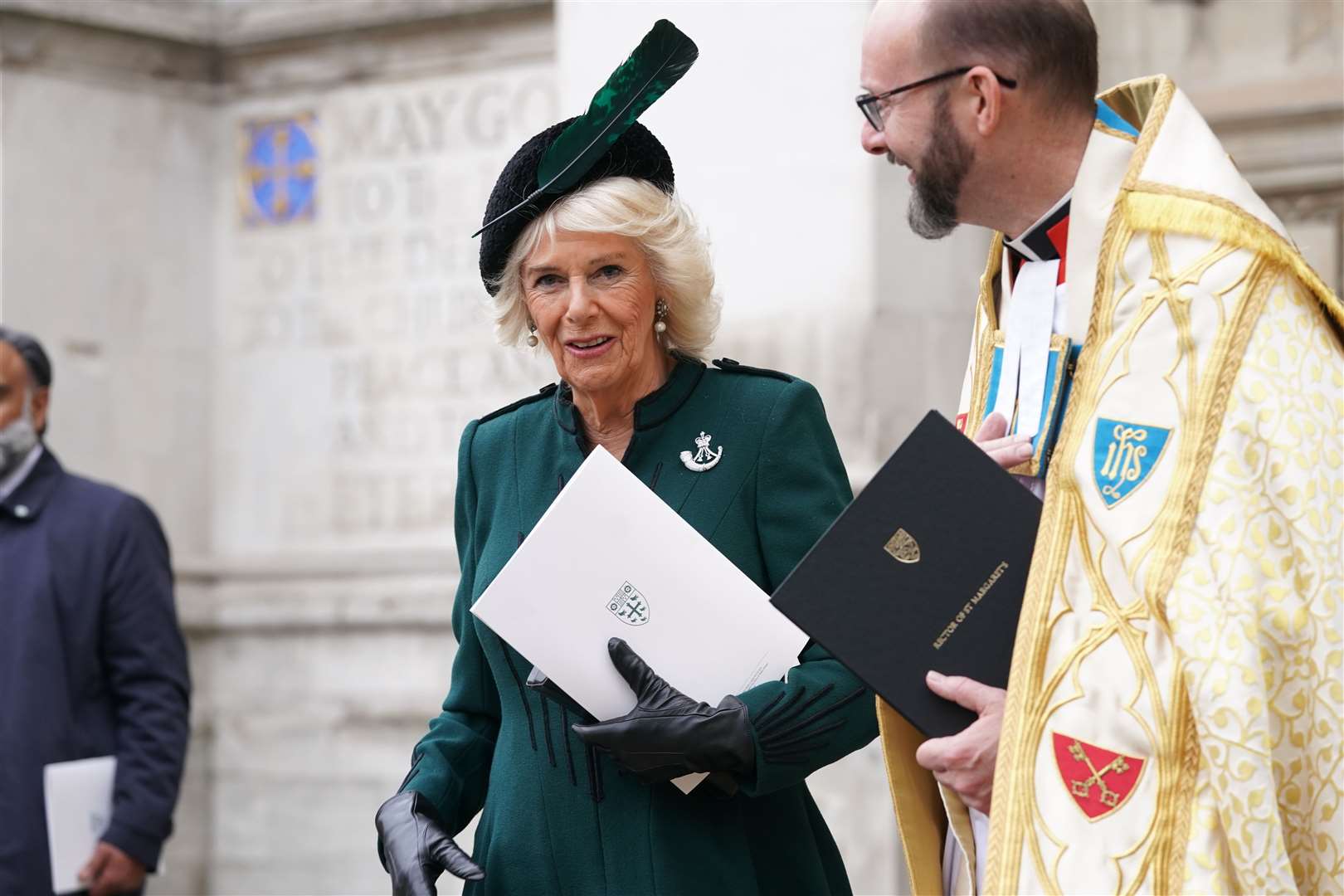 Camilla, wearing her Rifles brooch, leaves the service (Kirsty O’Connor/PA)