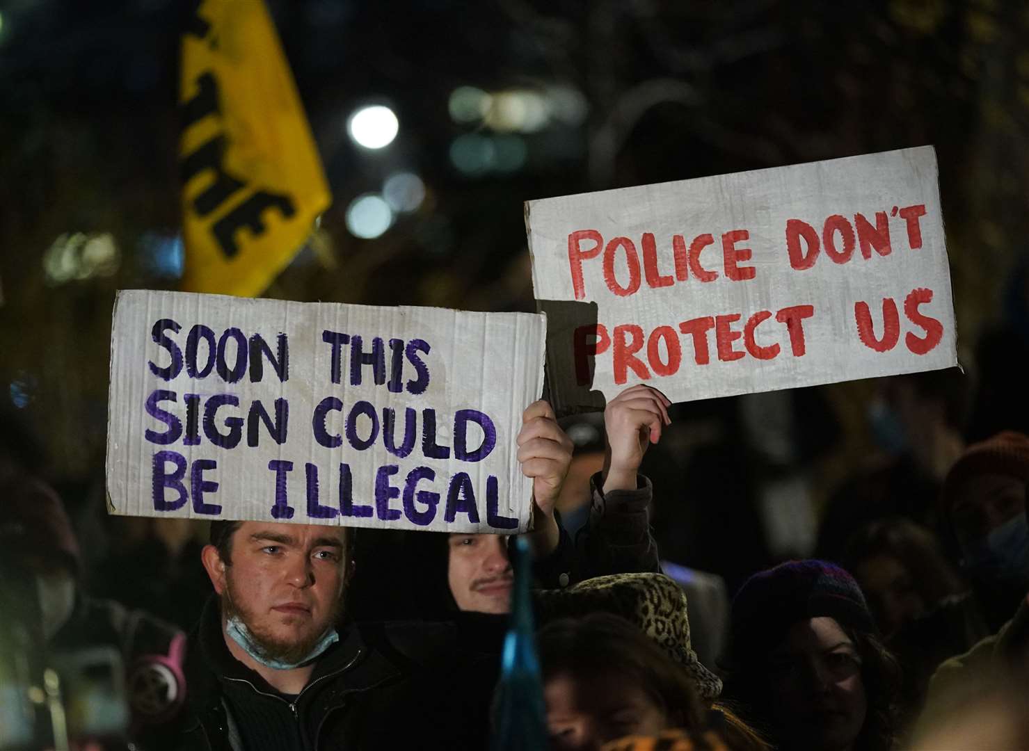 Demonstrators take part in a ‘Kill The Bill’ protest against The Police, Crime, Sentencing and Courts Bill, on College Green, Westminster (Yui Mok/PA)