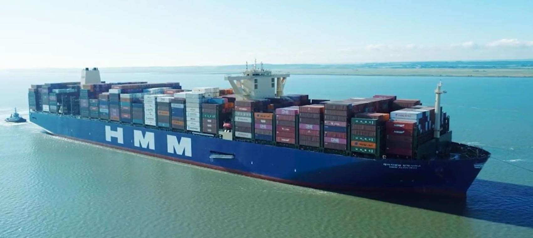 Drone picture of the arrival of HMM Algeciras, the world's largest container ship, at Thurrock. Picture: Port of London Authority