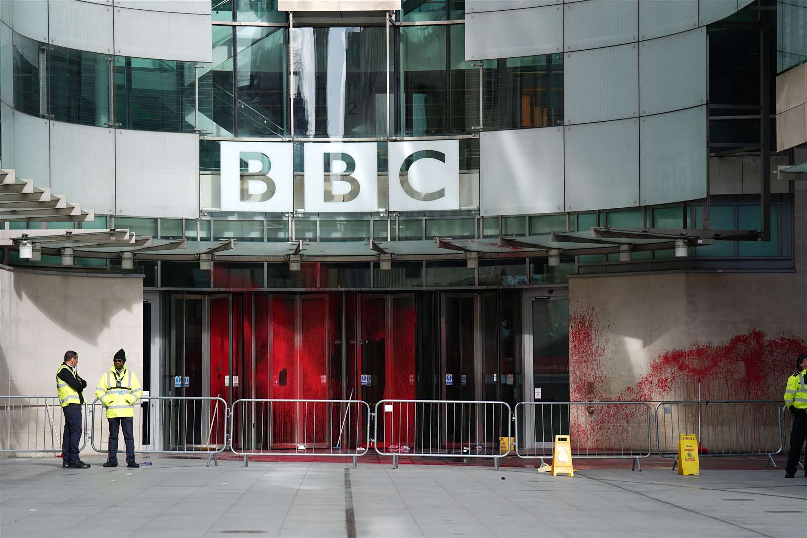 The scene at BBC Broadcasting House in London, after red paint was sprayed over the entrance (James Manning/PA)