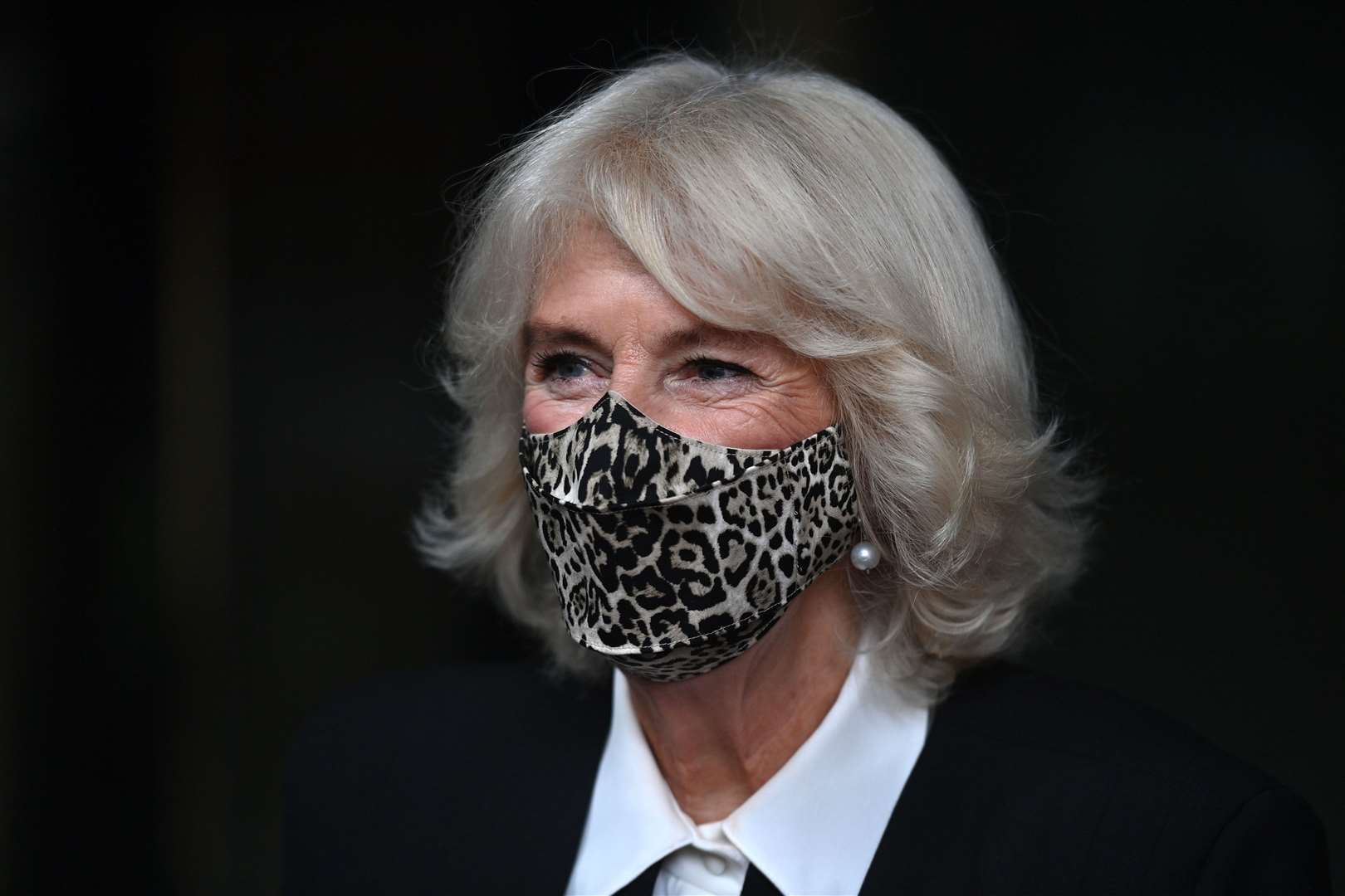 The Duchess of Cornwall in her leopard print mask (Justin Tallis/PA)