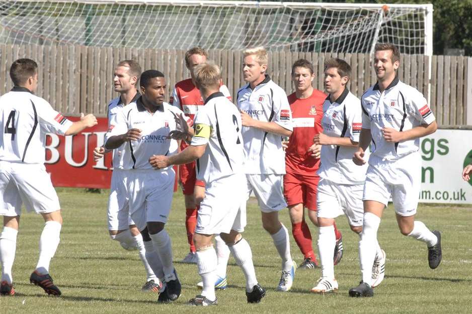 Faversham Town celebrate one of their five goals against Worthing