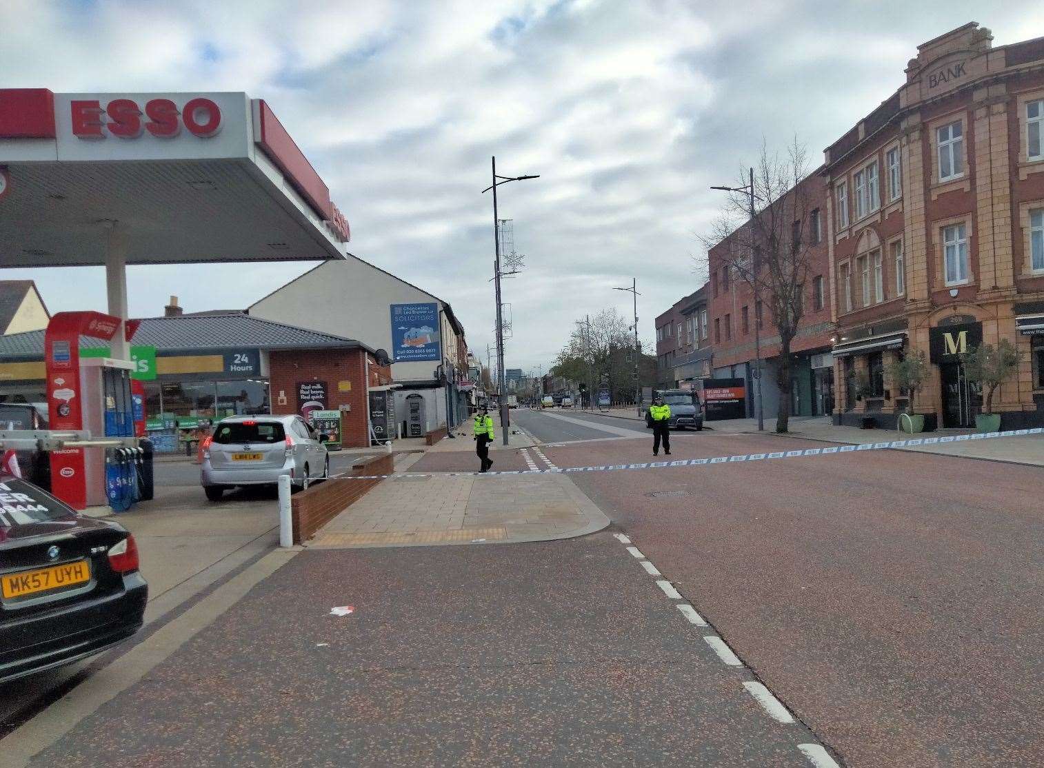 The scene at the Esso garage and Golden Lion pub