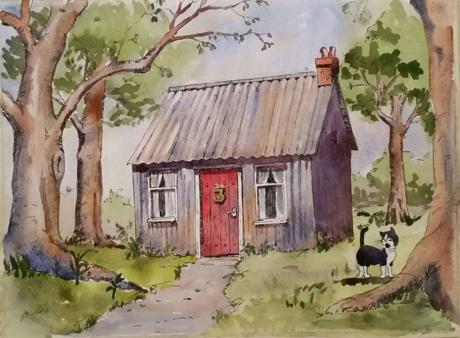 Number 3 Tin Cottage - created by Meryl Ledbrooke. Drawing by John Gevaux-Ross