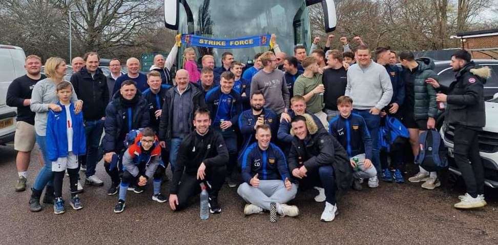 Faversham Strike Force with their travelling contingent before their 2023/24 DFDS Kent Sunday Junior Cup Final against Barnehurst