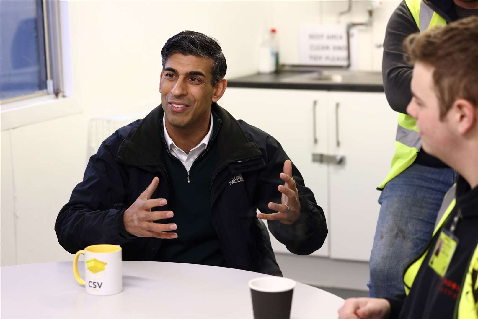 Prime Minister Rishi Sunak speaks to construction trainees at the Construction Skills Village in Eastfield, Scarborough (Darren Staples/PA)