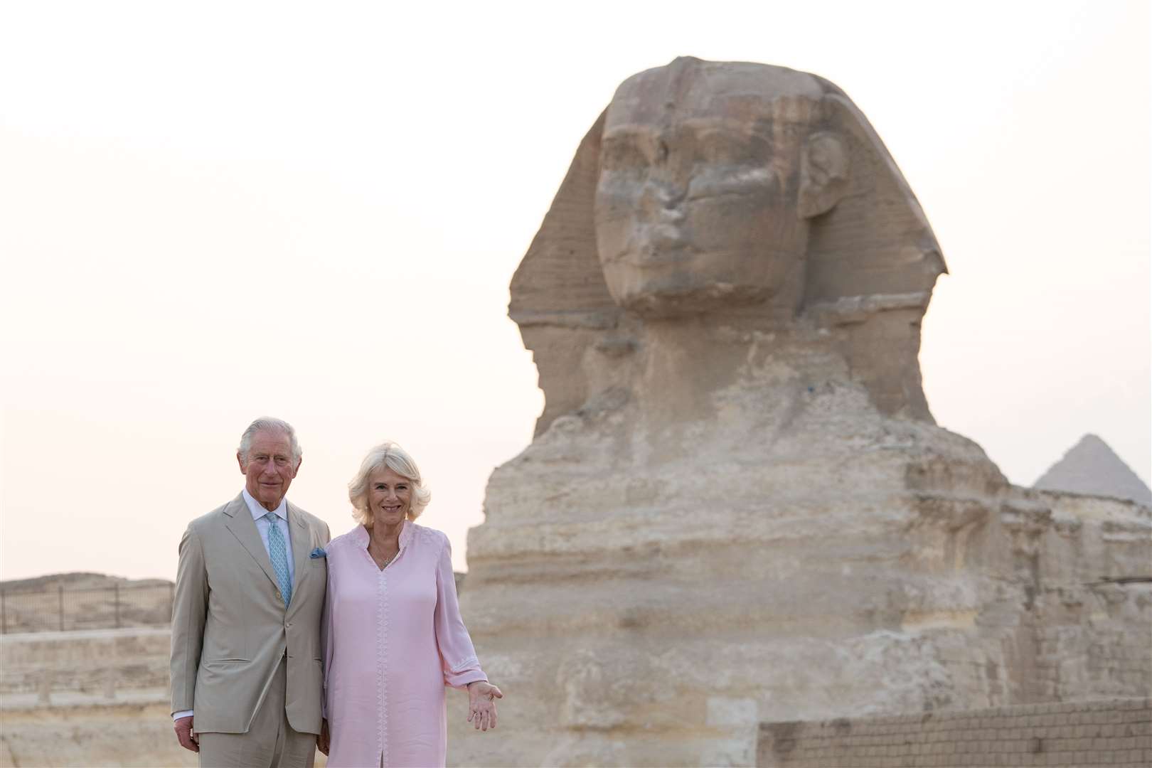 Charles and Camilla with the Sphinx in the background (Joe Giddens/PA)