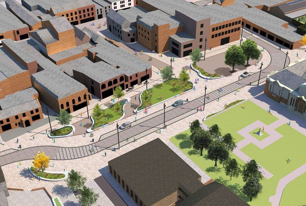 An aerial view of how the near road surfacing layout will look in Market Street, Dartford