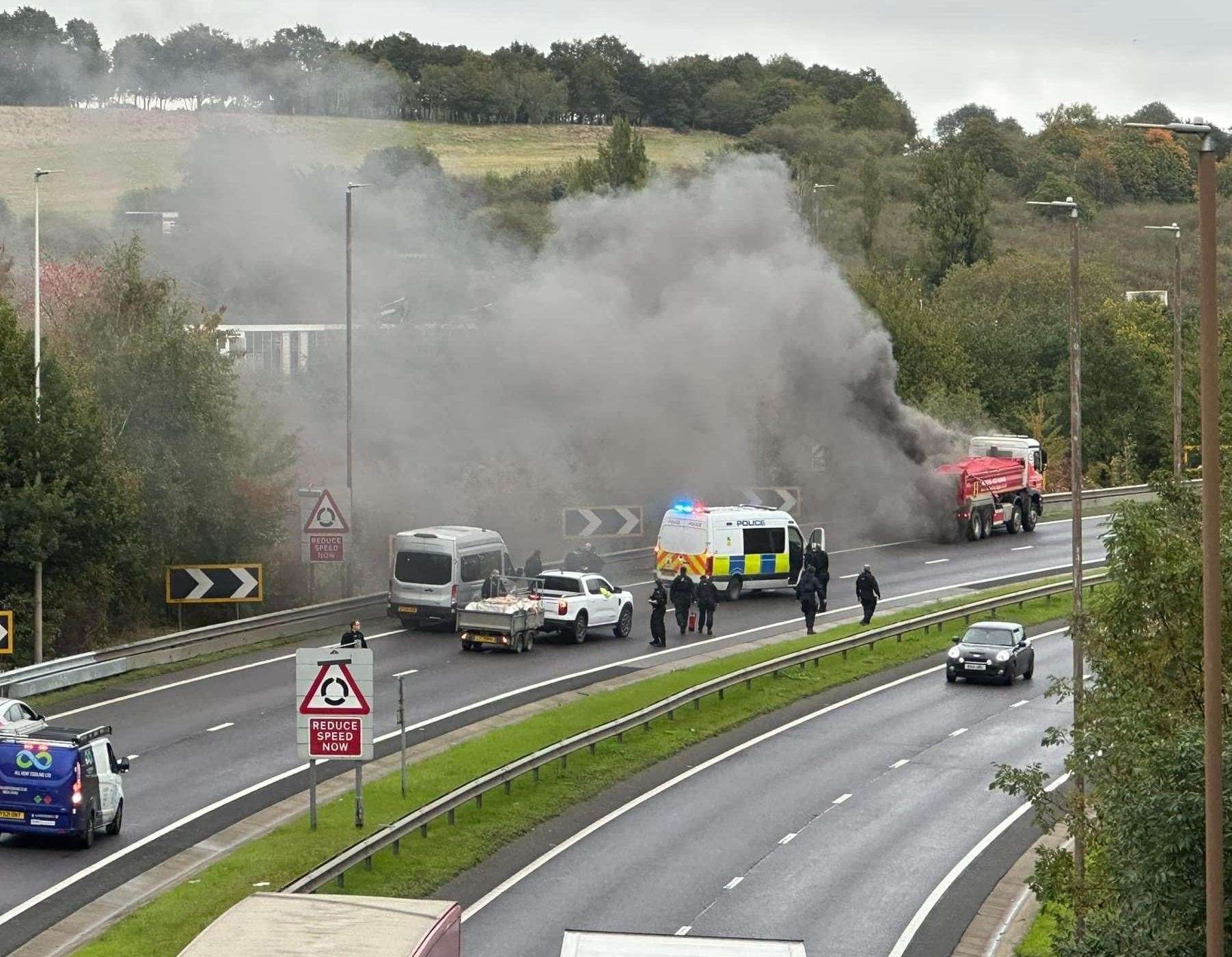 The truck can be seen smoking on the A289 Hasted Road in Wainscott, Rochester. Picture: Lewis Fox