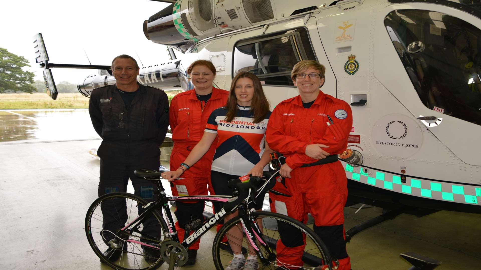 Air Ambulance Pilot, Captain Kevin Goddard, Dr Sarah Honess, Natalie Sparrow and Paramedic Karen Clarke pictured at the Marden helicopter base