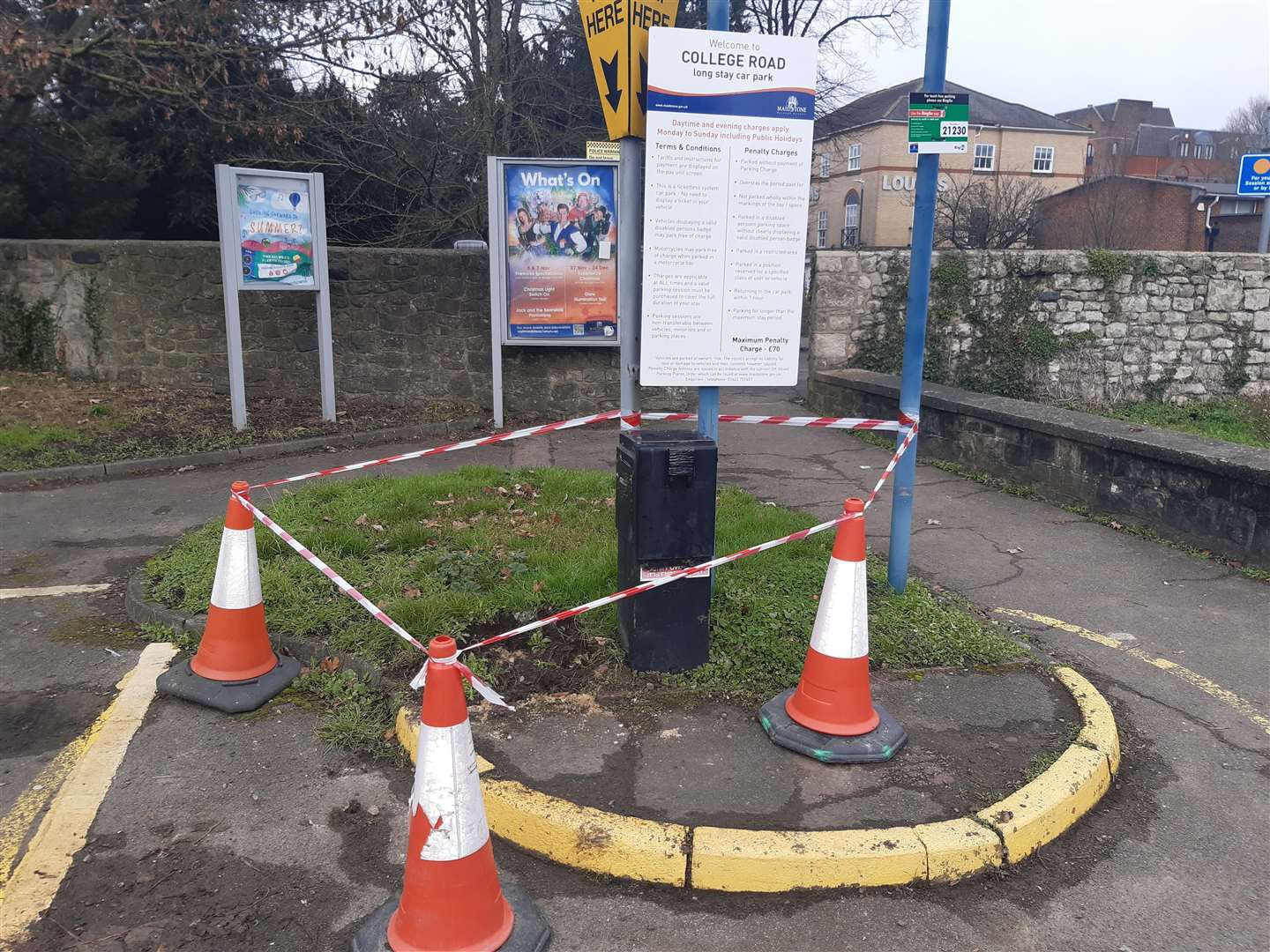 The site of the vanished parking machine in College Road car park, Maidstone