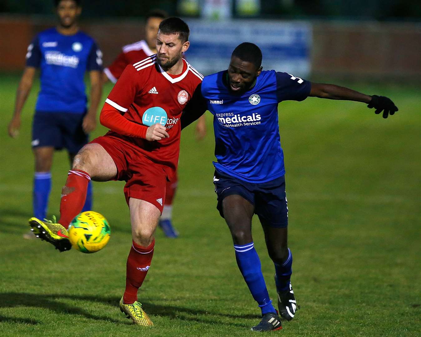 James Rogers, red, scored twice for Hythe against Hollands & Blair Picture: Andy Jones