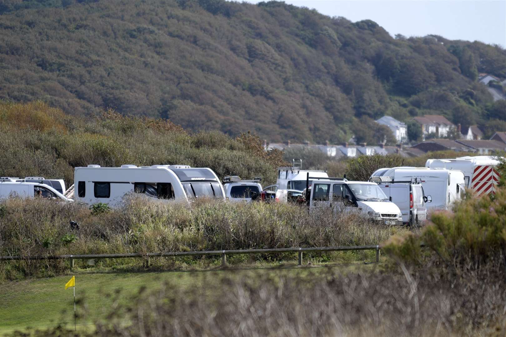 Members of the traveller community have parked on land at Princes Parade in Hythe, next to the Imperial golf course. Picture: Barry Goodwin