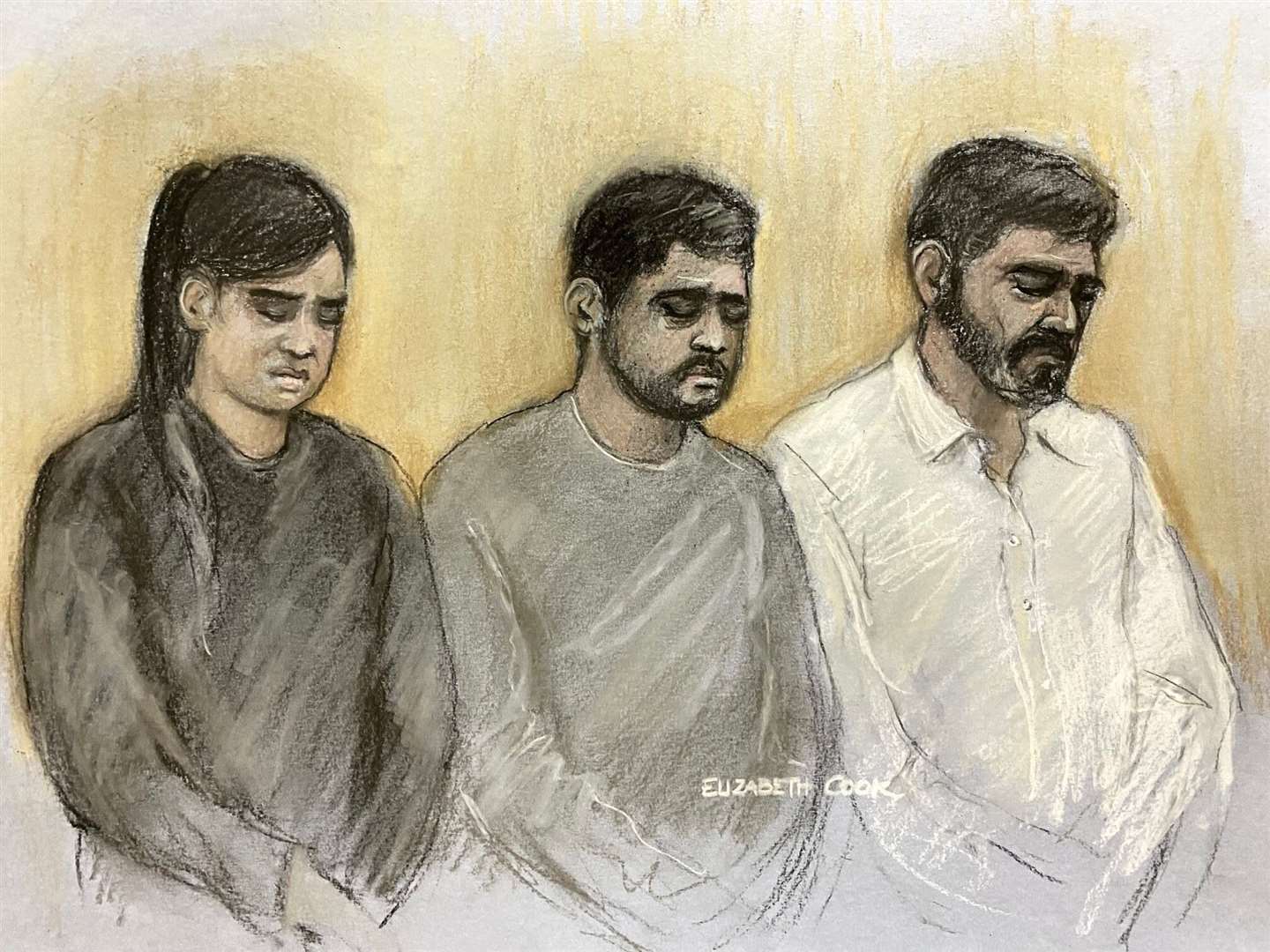 (Left to right) Sara Sharif’s stepmother Beinash Batool, uncle Faisal Malik and father Urfan Sharif appearing for sentencing (Elizabeth Cook/PA)