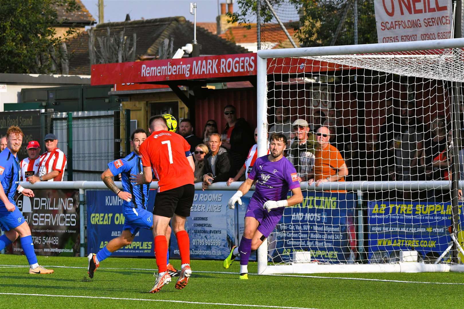 Sheppey skipper Danny Leonard heads home their second goal against Steyning Town last weekend Picture: Marc Richards